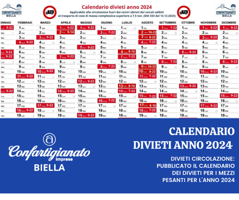 Divieti circolazione: pubblicato il calendario dei divieti per i mezzi pesanti per l’anno 2024