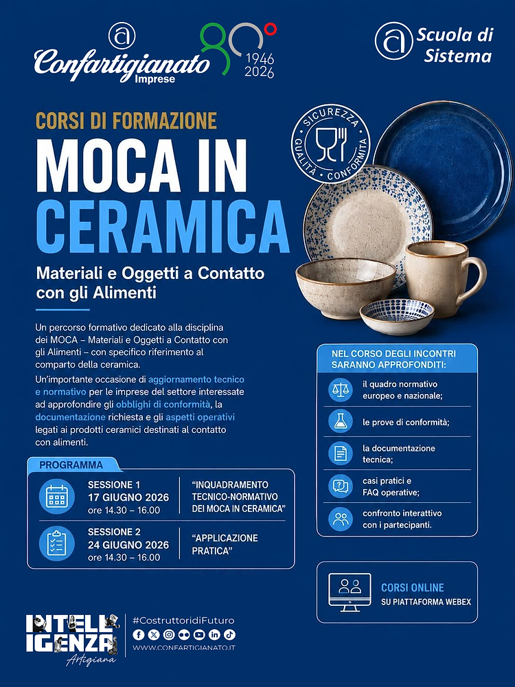 CERAMICA: PERCORSO FORMATIVO GRATUITO “MOCA IN CERAMICA, MATERIALI E OGGETTI A CONTATTO CON ALIMENTI”